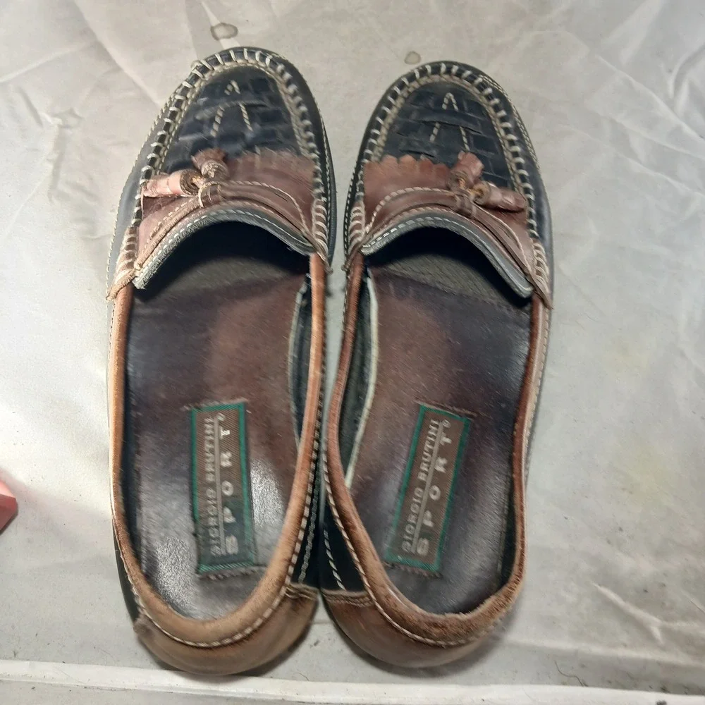 Giorgio Brutini Sport Loafers 10M Black Brown Kiltie Tassel Woven Leather Preppy - Picture 7 of 10